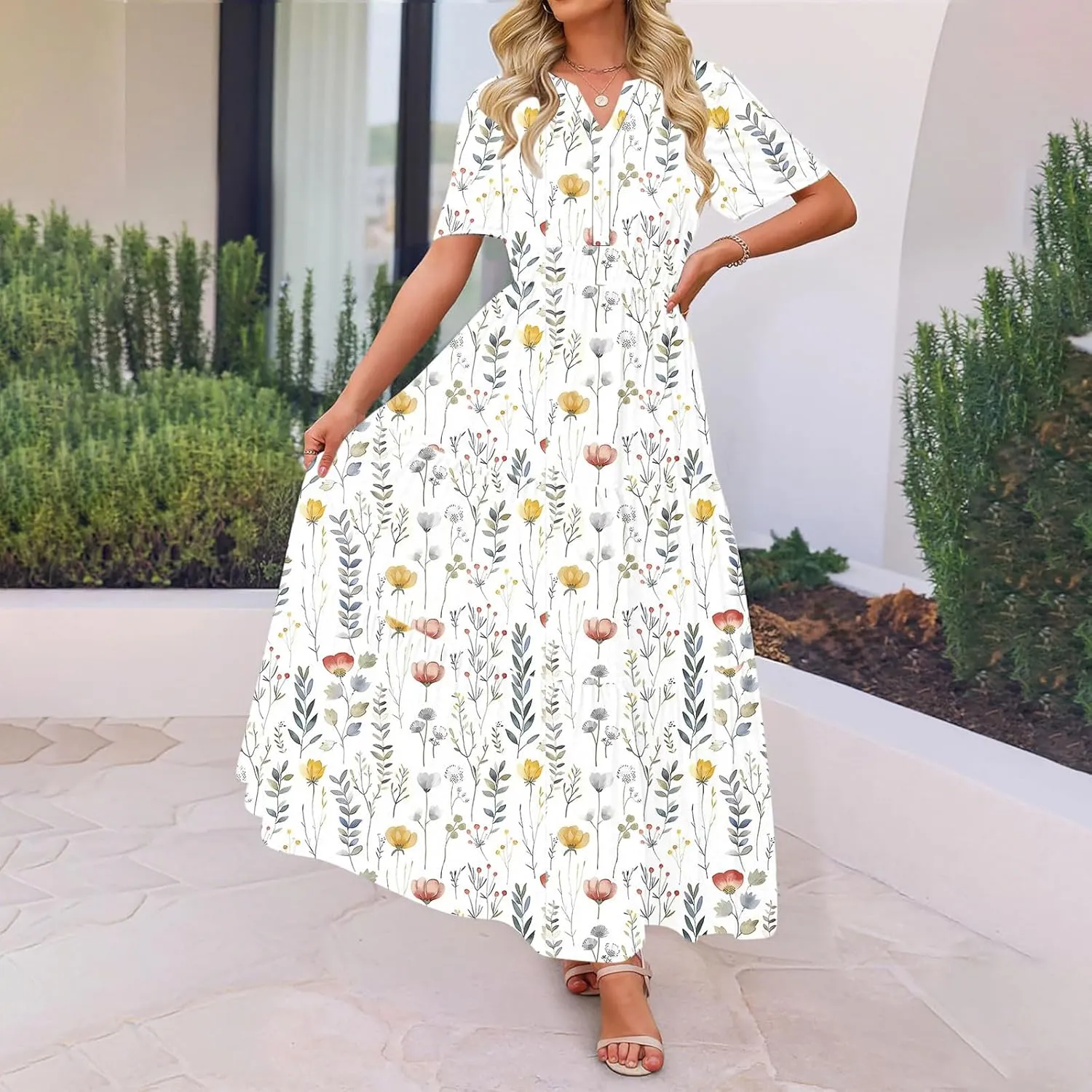 Womens Summer Boho Maxi Dresses 2025 Floral V Neck Flowy Sundress Short Sleeve High Waist A Line Beach Vacation Dress