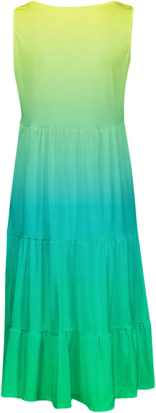 Womens Summer Dresses 2024 Trendy Tropical Casual Sleeveless Gradient Color Dress Loose Pleated Comfy Beach Sundress