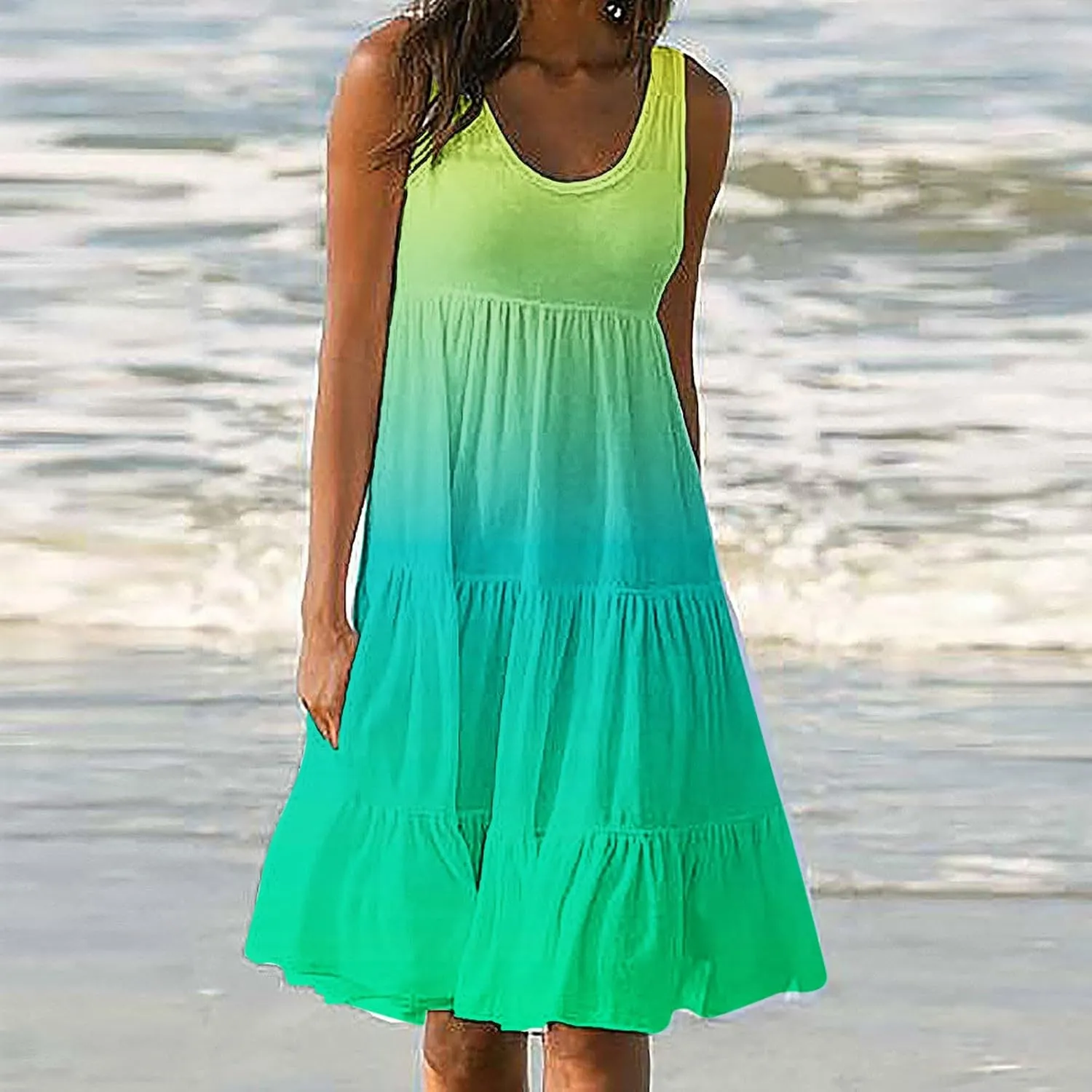 Womens Summer Dresses 2024 Trendy Tropical Casual Sleeveless Gradient Color Dress Loose Pleated Comfy Beach Sundress