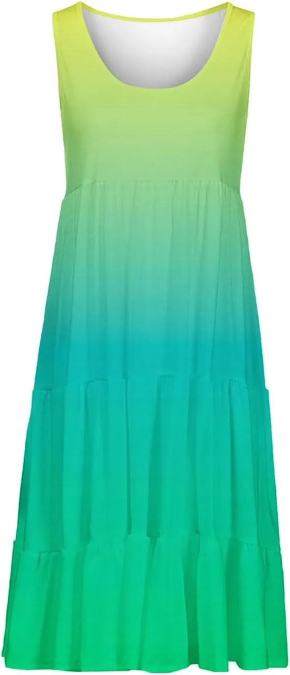 Womens Summer Dresses 2024 Trendy Tropical Casual Sleeveless Gradient Color Dress Loose Pleated Comfy Beach Sundress