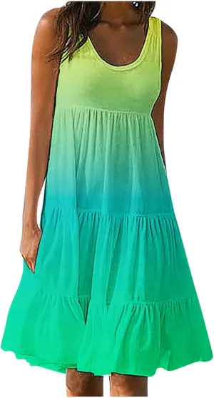 Womens Summer Dresses 2024 Trendy Tropical Casual Sleeveless Gradient Color Dress Loose Pleated Comfy Beach Sundress