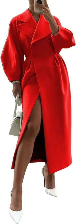 XSTH 2025 Women Wool Coat Double Breasted Lapel Pea Coats Ankle Length Solid Color Overcoat Lantern Sleeve Long Trench Coat