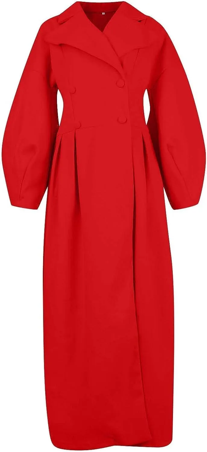 XSTH 2025 Women Wool Coat Double Breasted Lapel Pea Coats Ankle Length Solid Color Overcoat Lantern Sleeve Long Trench Coat