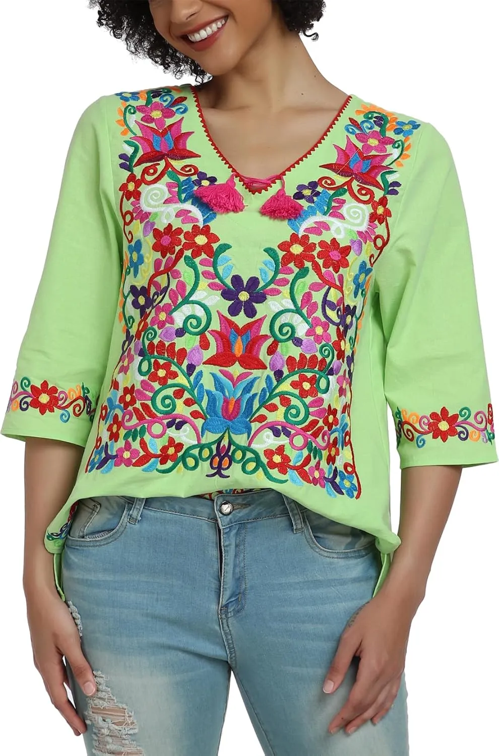 YZXDORWJ Women's Summer Embroidered Mexican Shirts Short Sleeve Casual Tops Blouse