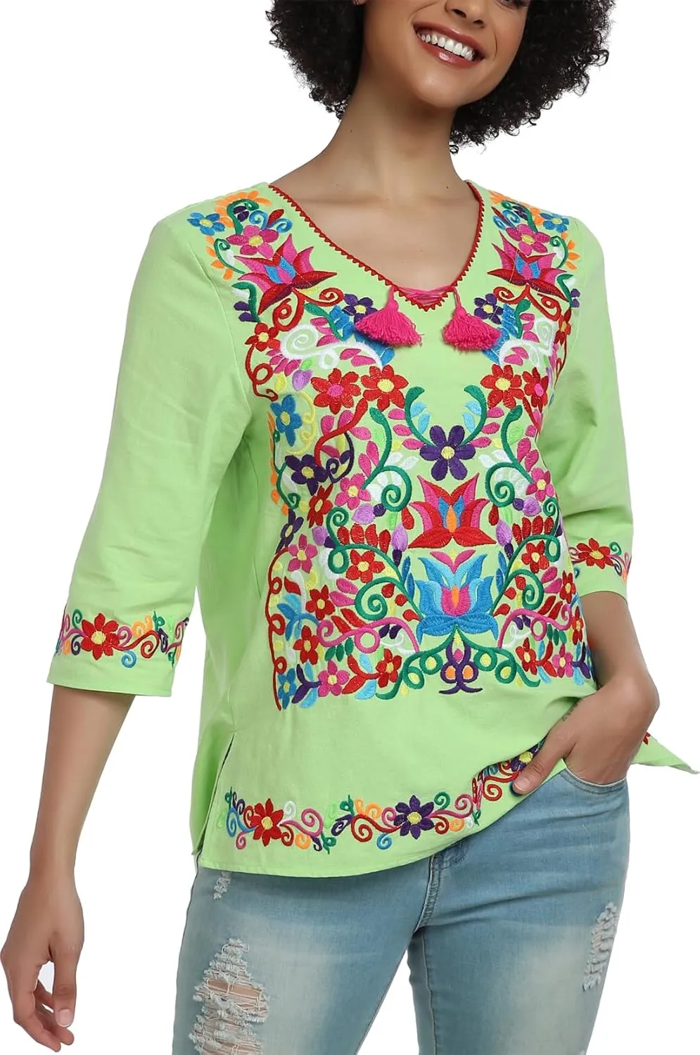 YZXDORWJ Women's Summer Embroidered Mexican Shirts Short Sleeve Casual Tops Blouse